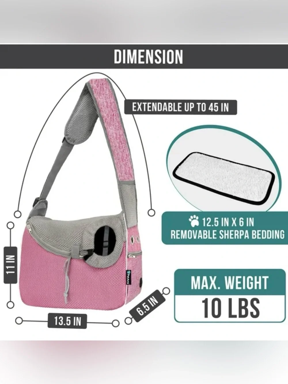 Petami Pet Sling Carrier Pink Gray Soft-Sided Shoulder Pet Carrier Up to 10 lbs